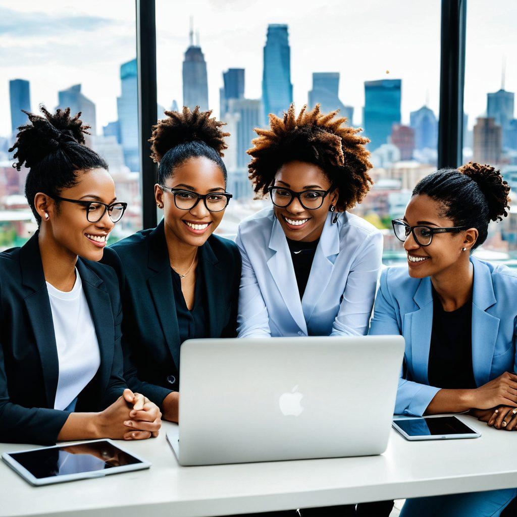 A diverse group of strong, confident women in tech, engaged in a collaborative brainstorming session surrounded by laptops and gadgets, a vibrant city skyline in the background. Each woman represents different cultures and backgrounds, showcasing unity and empowerment in technology. Bright and motivating quotes hang on the walls, emphasizing inspiration and innovation. The scene is filled with lively colors and dynamic expressions, radiating energy and creativity. super-realistic. vibrant colors. white background.