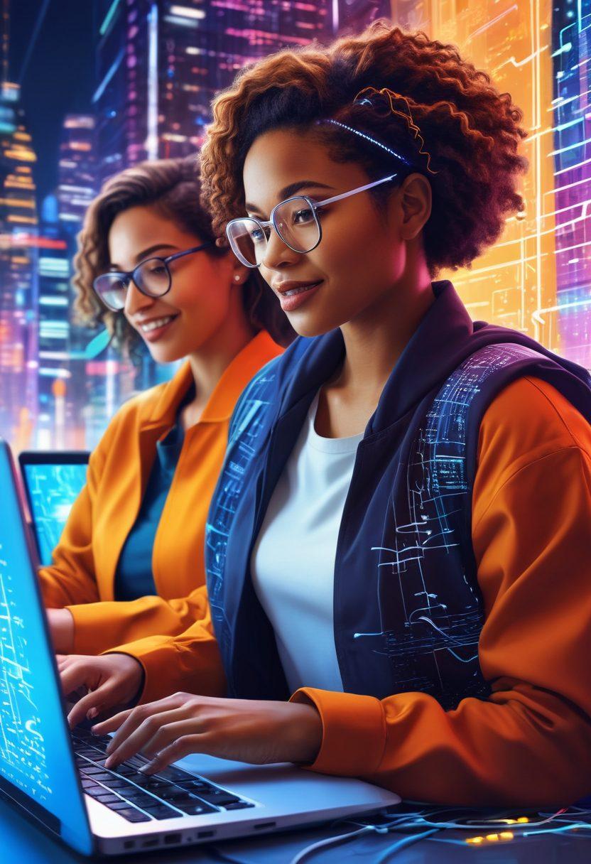 An illustration of diverse women collaborating on a tech project, surrounded by glowing code lines and digital gadgets. Emphasize their expressions of joy and empowerment as they connect through technology. Include elements like circuit patterns, laptops, and a vibrant cityscape in the background. The color scheme should be bright and energetic to reflect enthusiasm and innovation. super-realistic. vibrant colors. digital art.