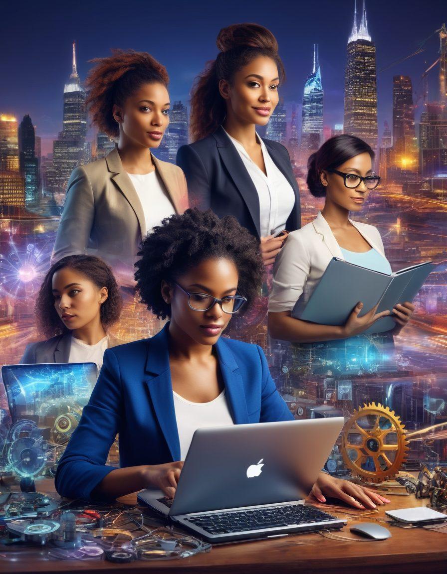 A dynamic collage depicting diverse women entrepreneurs in technology, working on laptops and tablets, surrounded by symbols of innovation like gears and light bulbs. Showcase a vibrant cityscape in the background, symbolizing growth and progress. Include elements representing collaboration, such as hands joined together over a circuit board design, and infuse the image with energetic colors to reflect passion and creativity. super-realistic. vibrant colors. 3D.